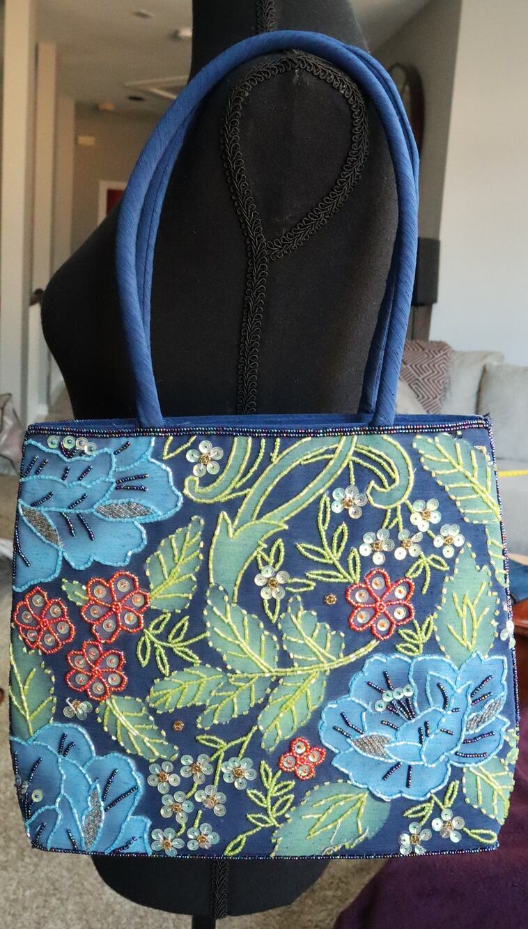 Vintage Y2K Ermo Beaded Sequin Floral Shoulder Bag Satin Double Sided Whimsical